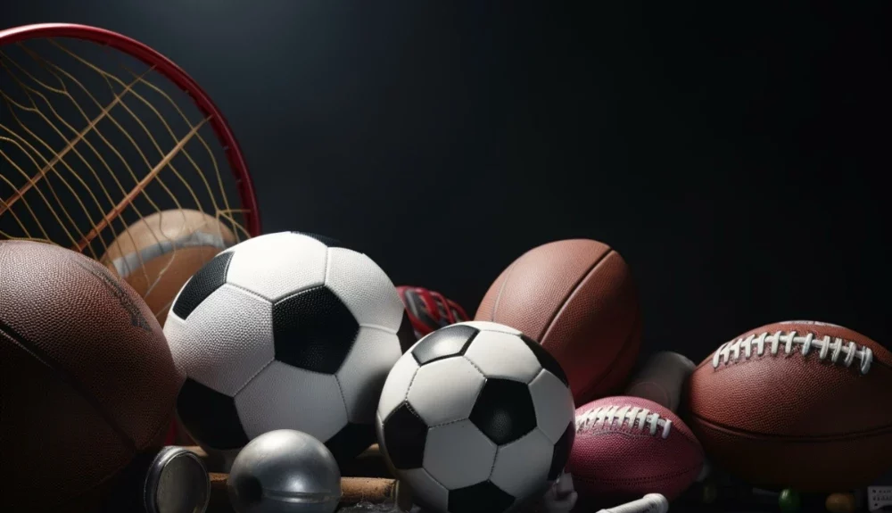 a pile of sports balls, rackets, and other equipment